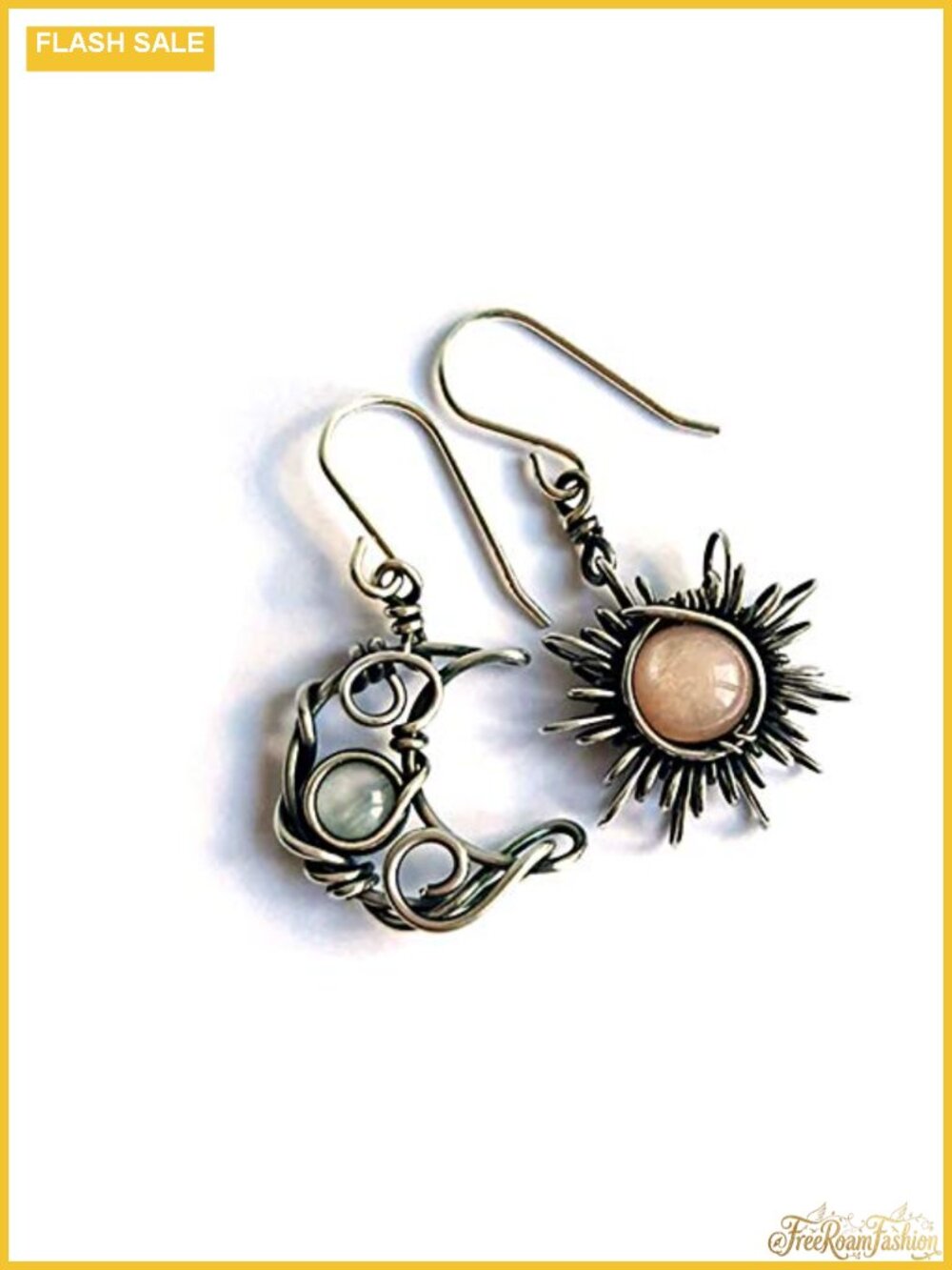 Opal Sun Moon Drop Dangle Earrings Moonstone Natural Stone Boho Hook Antiqued